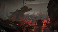 Concept art of Banished forces picking through a scrap pile.