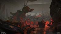 Concept art of scrap in the Ghost of Gbraakon's hangar bay.