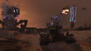 NOBLE Team's SPARTAN-B312 driving an M808C Scorpion with Orbital Drop Shock Troopers onboard towards Cheru-pattern Tyrants-dominated Airview Base during Operation: WHITE GLOVE at SWORD Base. From Halo: Reach campaign level The Package.