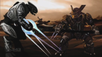 A Sangheili dual wielding energy swords against a Jiralhanae Captain Major in The Return.