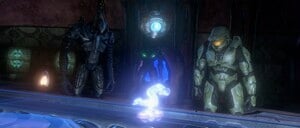 From the Halo 3 E3 2007 Trailer: The Arbiter, the Master Chief, 343 Guilty Spark, and Cortana, along with an unknown Elite in the background.