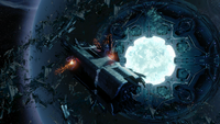 The wreckage of a Strident-class heavy frigate outside Requiem's entry portal.