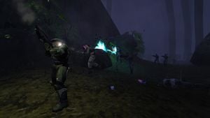 The Marines of second squad and John-117 desperately attempt to escape the Flood-infested swamps of Installation 04.