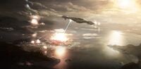Early concept art of CCS-class battlecruisers glassing New Alexandria in Halo: Reach.