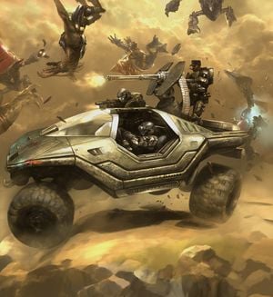 Promotional illustration depicting Avery Johnson, Kojo Agu, and Jonathan Doherty driving a Warthog in a Firefight game on Lost Platoon.
