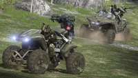 A Mongoose driving alongside a Warthog in Halo 3.