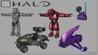 Several 3D assets created for the game including a Spartan, an Elite, a Rocket Warthog, a Banshee, and a computer.