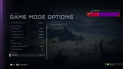 A screenshot of MACHINIMA: CONTROL set to on in the GAME MODE OPTIONS settings menu (Halo 5: Forge).