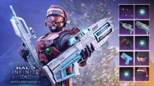 Promotional image showcasing rewards from the Winter Contingency II event in Halo Infinite.