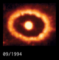 Animation of Supernova 1987a, showing the apex of the explosion, subsequent dissipation of the stellar remnant and buildup of ejecta within the debris ring. Note that this entire sequence takes place over a 15-year period.