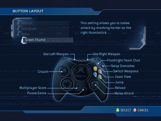 A screenshot of "Button Layout" set to "Green Thumb" in the Halo 2 (Xbox) (USA, Europe) settings menu.Note: The screenshot was taken from the emulator Xemu.