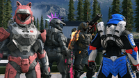 A Spartan-IV (far left) wearing a Firefall helmet with the Purrfect Audio attachment.