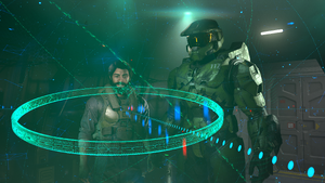 John-117 and Fernando Esparza onboard Echo 216, looking at a hologram of Installation 07. From Halo Infinite campaign level Foundation.