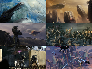 A multimedia collage of the Battle for Earth. Images used starting from top left going clockwise: File:H2A - BattleofEarth.png, File:Orphic Spear 1.png, File:Time to Believe.jpg, File:Cleveland in 2552.PNG (edited to remove text), File:Battle of Sector Six 09.png, File:Voi 7.jpg.