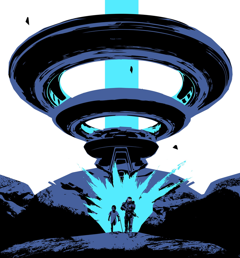 A crop of Chloe Hall and James Solomon in front of the Lithos on Boundary, from the cover of Halo: Empty Throne.