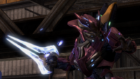 A Sangheili Field Marshal prepares to swing down his energy sword in Halo: Reach.