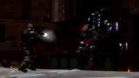 An ODST fights a Jiralhanae Chieftain and Jumpers.