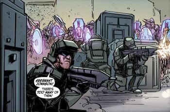 Sergeant Avery Johnson, Private Bisenti, and Private O'Brien fighting onboard Reach Station Gamma during Fall of Reach. From Halo: Fall of Reach - Invasion Issue #4.