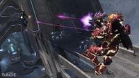 A Spartan firing the needler in Halo 3 multiplayer.