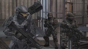NOBLE Team's SPARTAN-B312 joining a pair of UNSC Marines at Platform Delta in the Asźod ship breaking yards during Battle of Asźod. From Halo: Reach campaign level The Pillar of Autumn.