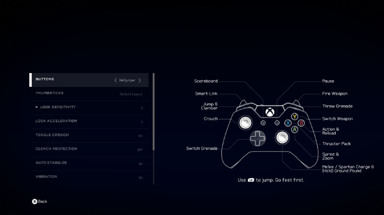 A screenshot of "Buttons" set to "Helljumper" in the Halo 5: Forge settings menu.Behind the game pause menu is pitch black.