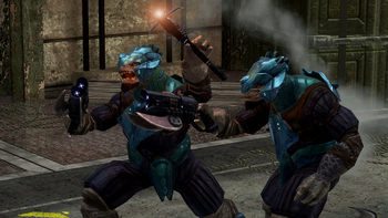 Two Jiralhanae Minors wielding Paegaas Workshop Spikers, with one preparing to throw a Jovokada Workshop spike grenade, in Crow's Nest during the Battle of Kenya. From Halo 3 campaign level Crow's Nest.