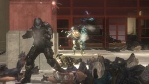 Alpha-Nine members Veronica Dare, Edward Buck, and Jonathan Doherty (all with Overshields) defending Huragok Quick to Adjust/Vergil at the entrance to Uplift Nature Reserve. From Halo 3: ODST campaign level Coastal Highway.