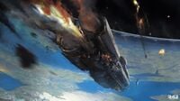 Early concept art of a burning Infinity on a course to crash-land on Zeta Halo following the space battle over the ring.