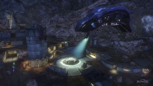 Promotional image for an early build of Halo: Reach featuring a Ru'swum-pattern Phantom. Screenshot of the level Nightfall from the Halo: Reach press kit.