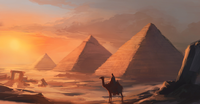 A depiction of a traveler on a camel riding past a trio of pyramids, as glimpsed by 343 Guilty Spark upon accessing data concerning human history on the UNSC Pillar of Autumn.