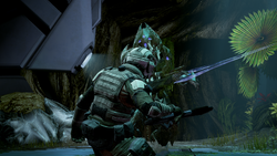 a UNSC Marine from Warbird Company attacked by a Sangheili Zealot at The Refuge during the Requiem Campaign.