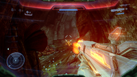 First-person view of John-117 firing the Scattershot in the Halo 5: Guardians campaign.