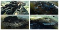 Halo Wars 2 concept art intended to reuse assets from the game's tutorial, depicting a destroyed Spirit of Fire.