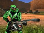 A Spartan-II using a flamethrower in Halo: Combat Evolved.