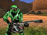 A Spartan wielding a flamethrower in Halo: Combat Evolved.