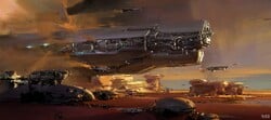 Early concept art of the Infinity over a desert planet.