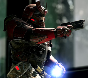 A Yoroi-clad Spartan-IV, wielding an Mk50 Sidekick, prepares to throw a Anskum-pattern plasma grenade in Halo Infinite multiplayer, as seen in the A New Generation trailer.