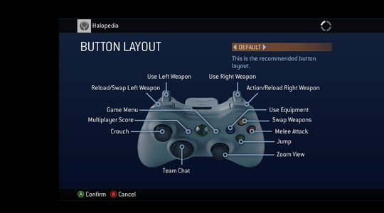 A screenshot of "BUTTON LAYOUT" set to "DEFAULT" in the Halo 3 (Xbox 360) settings menu.Behind the game pause menu is pitch black.Note: The screenshot was taken from the emulator Xenia.
