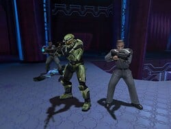 Promotional image of Halo: Combat Evolved featuring John-117, Jacob Keyes, and a UNSC Marine onboard the Truth and Reconciliation. Screenshot of the level The Truth and Reconciliation from the Halo: Combat Evolved press kit.