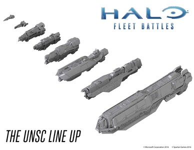 A line up of several UNSC warships, including carriers, cruisers, a frigate and a destroyer