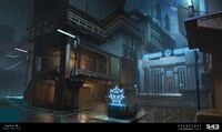 Concept art of the NMPD station on the Halo Infinite multiplayer map Streets.