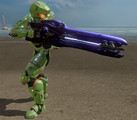 A Hoplite-clad Spartan using the Zubo-pattern beam rifle in Halo 2: Anniversary.