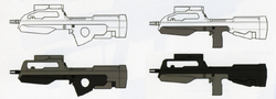 Early concept designs for the BR55 battle rifle. The top-left design was reused for the MA2B assault rifle in Halo: Fall of Reach - Boot Camp. Artwork from The Art of Halo, p.102.