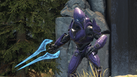 Frontal view of a Banished Spec Ops Sangheili with an energy sword.