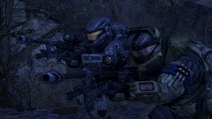 NOBLE Team's Recon Team Bravo (Jun-A266 and SPARTAN-B312) during Mission to Szurdok Ridge, as seen in Halo: Reach campaign level Nightfall.