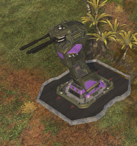 An M5 Talos built by a Covenant player at one of the neutral turret slots on Beasley's Plateau. Instead of the Covenant's typical Kewu Umppi'pa'-pattern citadel turrets, the port spawns a standard Talos, except with purple colouration.