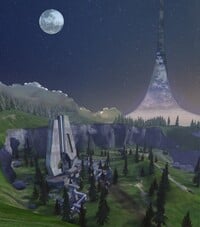 A view depicting one of Installation 04's many beam emitters in Halo: Combat Evolved.