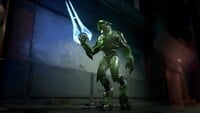 Image of a UNSC-aligned Sangheili in green armor holding an energy sword next to a building