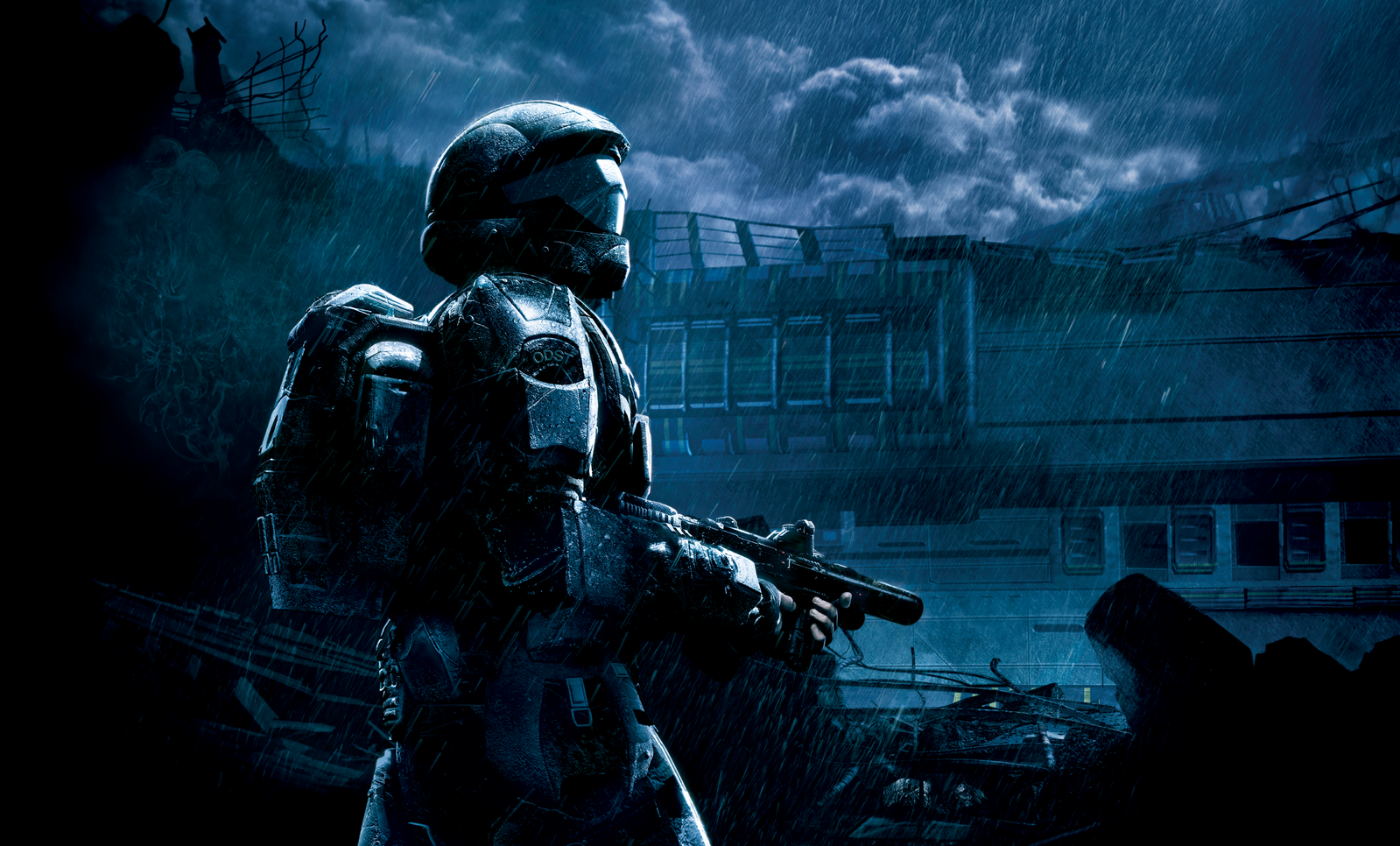 An orbital drop shock trooper in armor stands in the rain with a weapon, with dilapidated buildings and a ship in the somber background. The entire image is monotone blue.