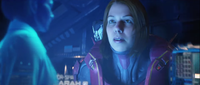 Vale looking at a hologram of Catherine Halsey.